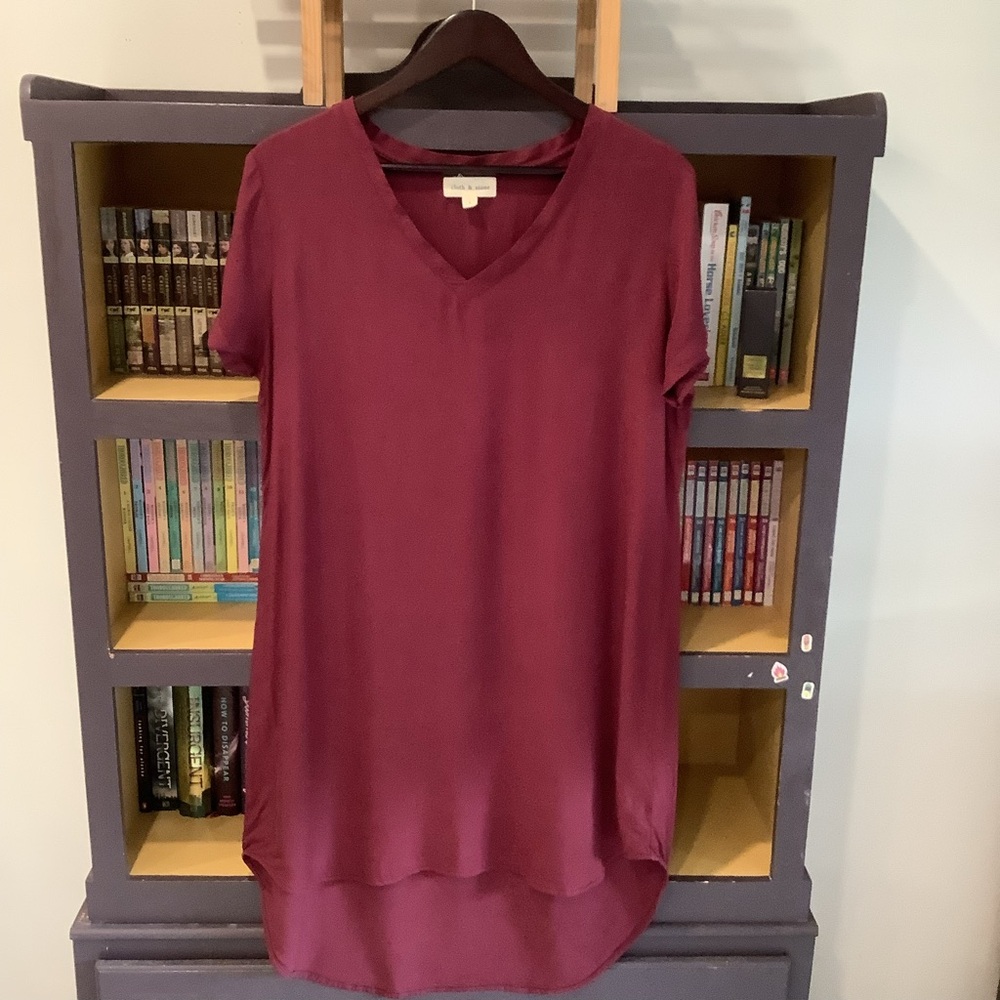 Anthropologie CLOTH & STONE Burgundy V-Neck Short Sleeve Dress Hi-Low Hem Size L